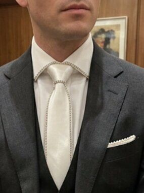 NEW White Slim Zipper Neck Tie Satin Look Rhinestone Accent Formal Fashion Tie